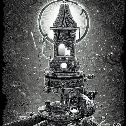 Image similar to ancient technology relic with glowing parts in the dark, by joe fenton