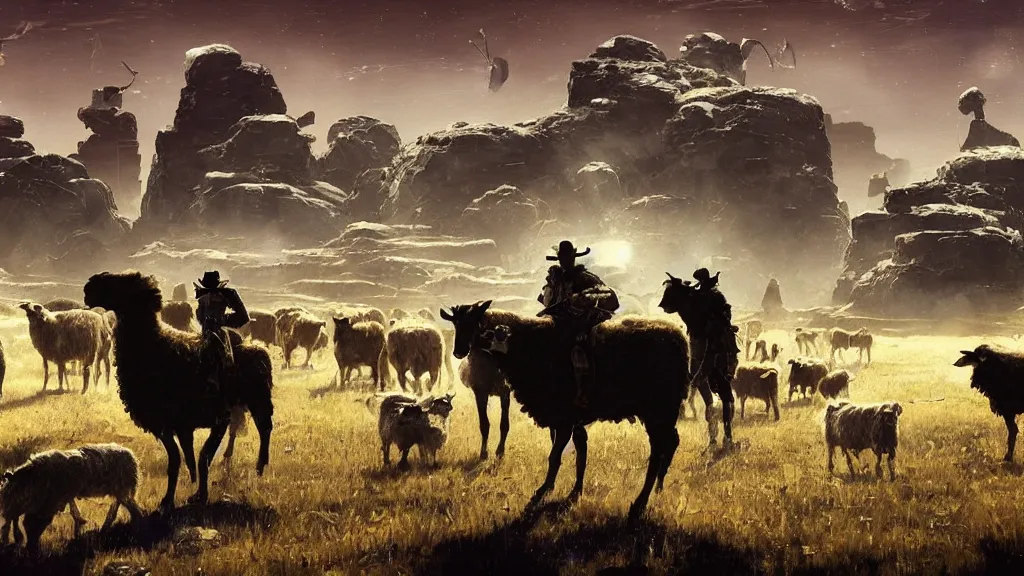 Image similar to Cyberpunk cowboys herding sheep in a No Man's Sky landscape in the style of Frederic Remington