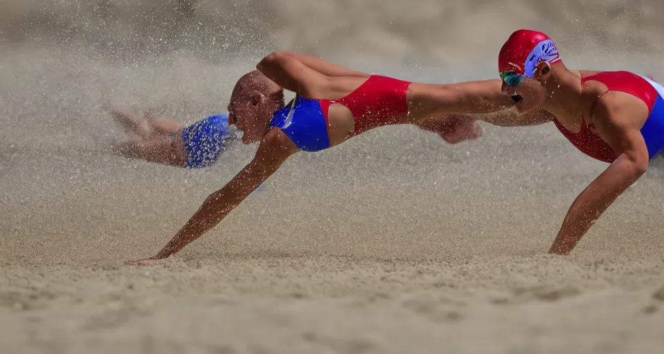 Image similar to olympic swimming in sand instead of water, extremely coherent, motion blur