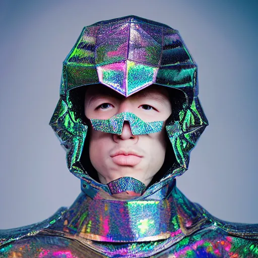 Image similar to a portrait of a beautiful young male wearing an alexander mcqueen armor made of holographic origami , photographed by andrew thomas huang, artistic