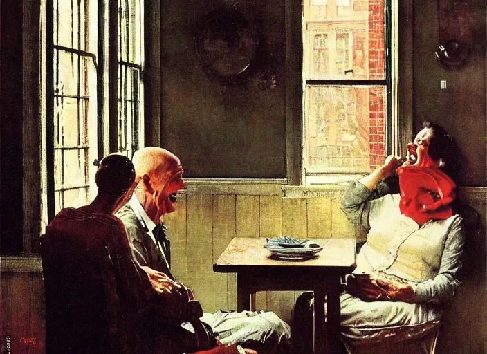 Image similar to a laughing man sitting by the window, a slim woman in the background, norman rockwell