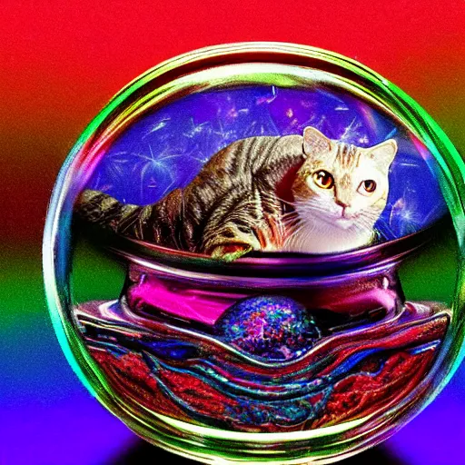 Prompt: a psychedelic cat in a bottle, a psychedelic cat in a box, a psychedelic cat in a shoe, granting three wishes