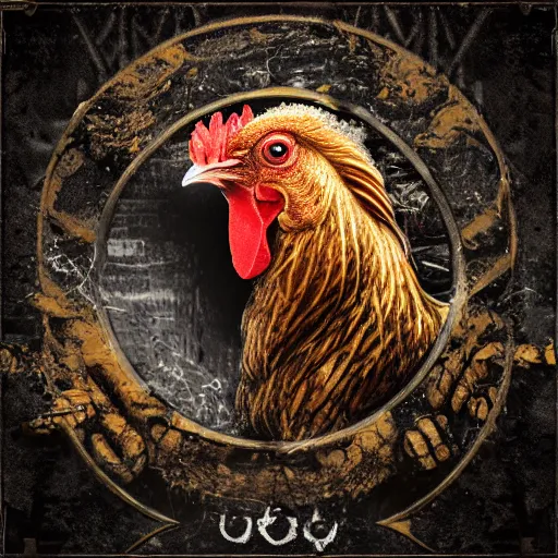 Image similar to chicken death metal album cover 3 d render high detail ultra quality