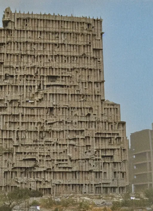 Prompt: colored photo, the tower of babylon, water runs out windows, brutalist
