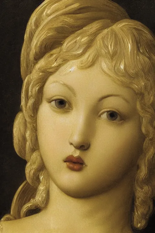 Image similar to Beautiful girl, calm face, closeup, ultra detailed, made in gold, Guido Reni style