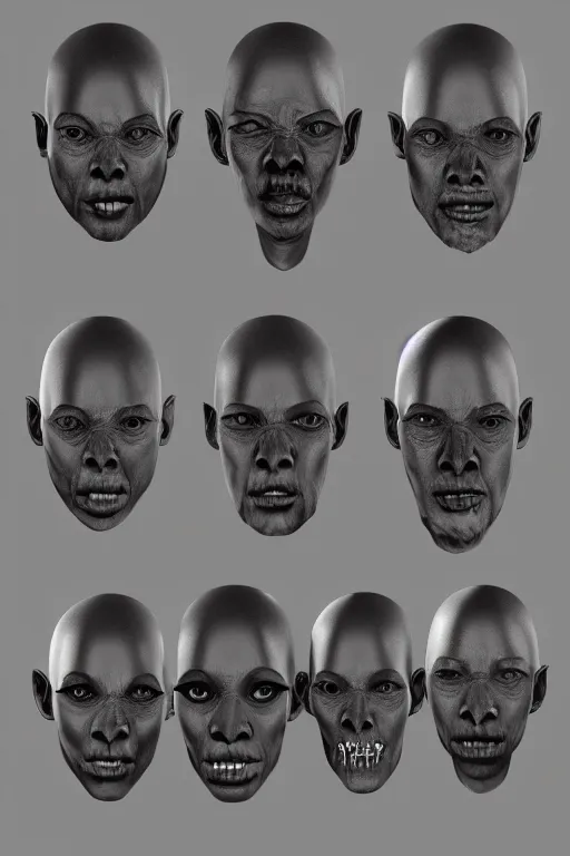 Prompt: african facial anatomy with gunmetal grey skin, medical anatomy, very symmetrical face, highly detailed, three - perspective / three - view reference sheet ( front / back / side ), in the style of dan ouellette, steven jung, amanda lilleston, hr giger, sil from species, dren from splice, mecha, artstation, unreal engine