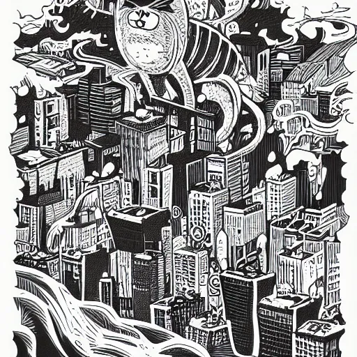 Prompt: mcbess illustration of a catmonster destroying a city