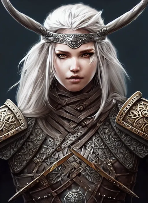 Image similar to barbarian, plated armor!!! long wild white hair!! covered chest!!! fantasy, d & d, intricate ornate details, digital painting, pretty face!!, symmetry, concept art, sharp focus, illustration, art by artgerm! greg rutkowski magali villeneuve wlop! ilya kuvshinov!!, octane render