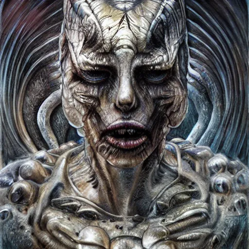 Prompt: Giger portrait of the dragon queen, Dragon in dragon lair, HD, full body dragon concept, flying dragon, Human body with dragon features, beautiful queen, perfect face, ray tracing, 4k realistic 3d rendered portrait, soft shading, soft colors, relaxed colors, hyperdetailed, wide angle lens, fantasy, futuristic horror, style of giger