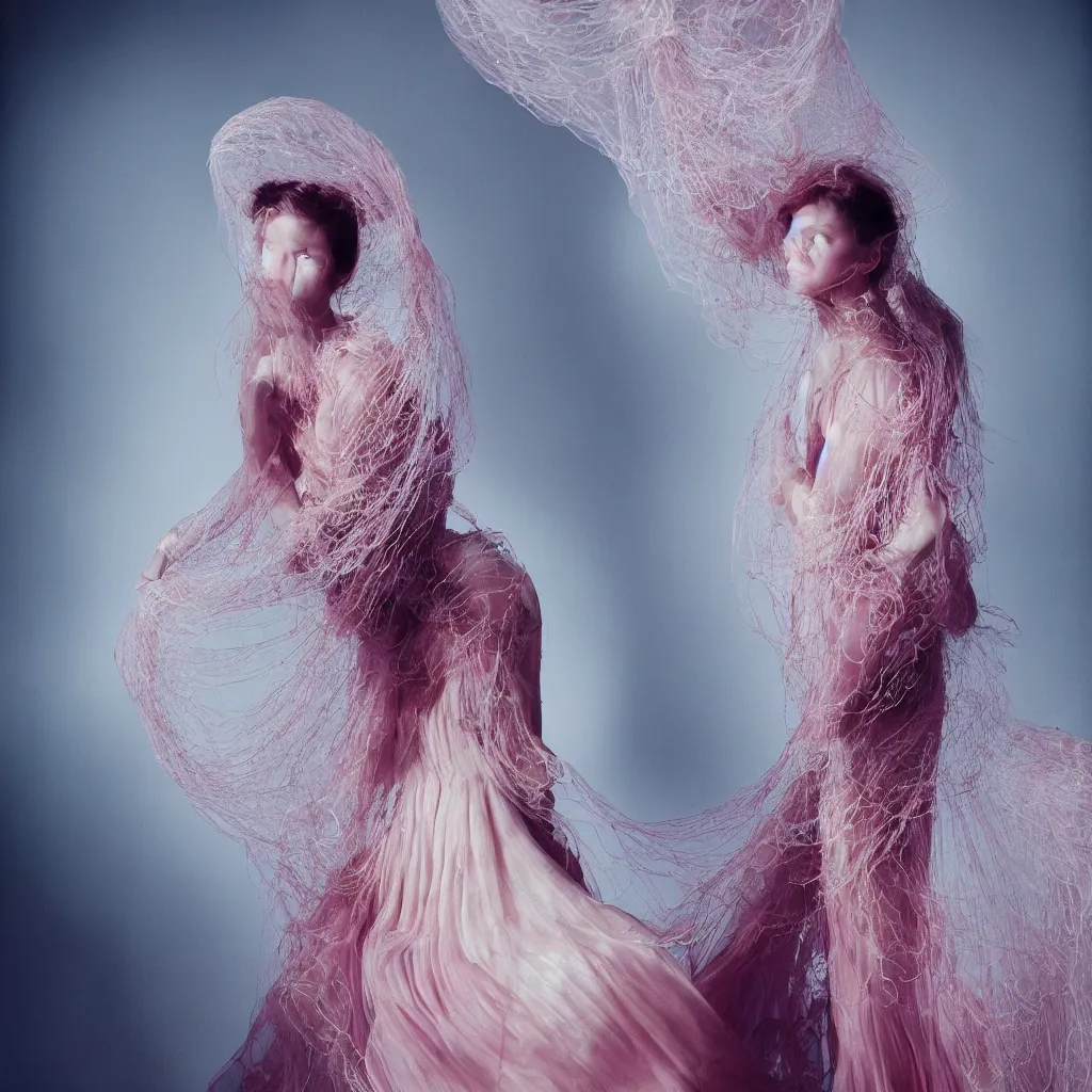 Image similar to Fashion photography of a woman wearing a dress inspired by a jellyfish, artistic photography, insanely detailed, chiaroscuro, cinestill 800t, Vogue magazine