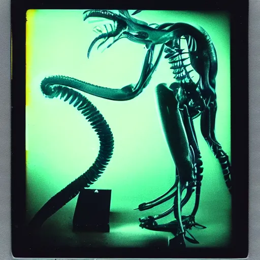 Image similar to a polaroid picture of a xenomorph with fluorescent flesh
