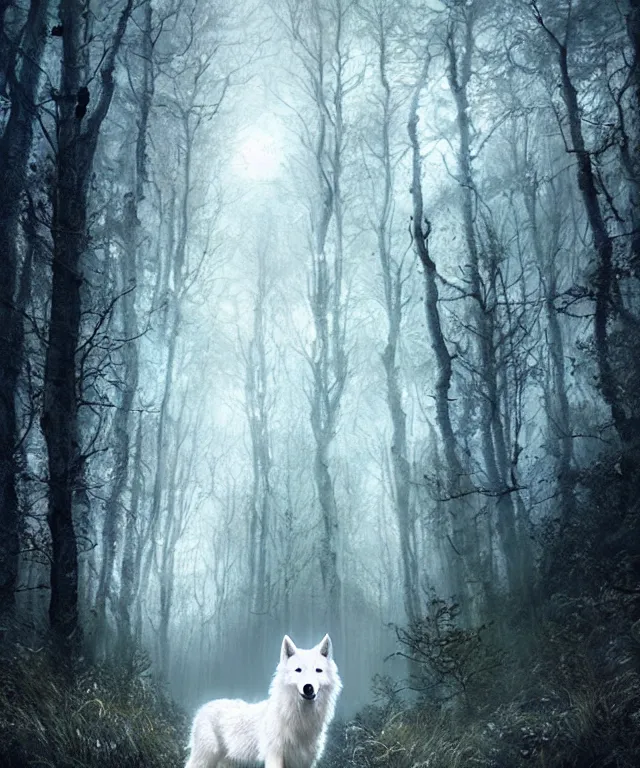 Image similar to a realistic white wolf, walking through a psychedelic forest, wide angle landscape shot, by national geographic and tom bagshaw