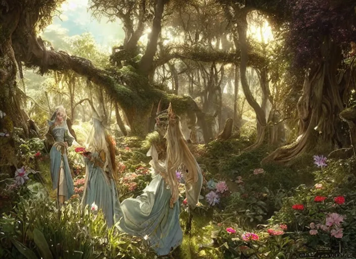 Prompt: female elves with wings of lace in lord of the rings scenery landscape, treehouse, flowers, beautiful day, highly detailed, perfect lighting, perfect composition, 4 k, artgerm, derek zabrocki, greg rutkowski, alphonse mucha