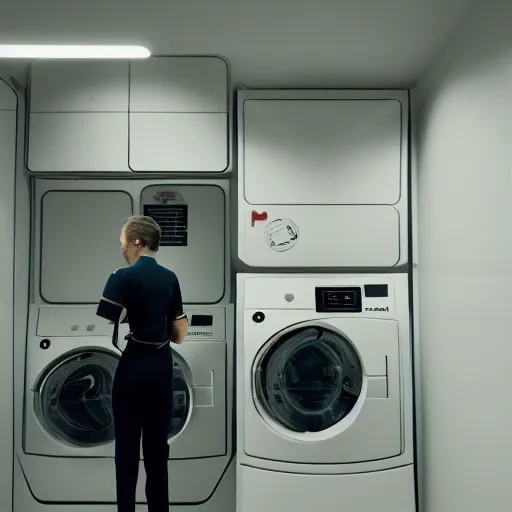 Prompt: a beautiful photo of an astronaut waiting in an self-service automatic laundry room, soft light, morning light, photorealistic, realistic, octane, 8k, cinematic shot