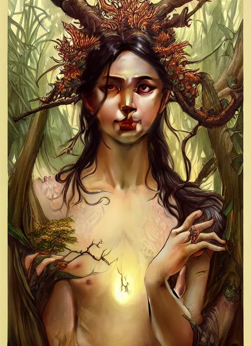 Image similar to kuntilanak on tree, d & d, wet, shiny, fantasy, intricate, elegant, higly detailed, dramatically art, ultra definition, digital painting, artstation, concept art, smooth, sharp focus, illustration, art by artgerm and greg rutkowski and alphonse mucha and garis edelweiss