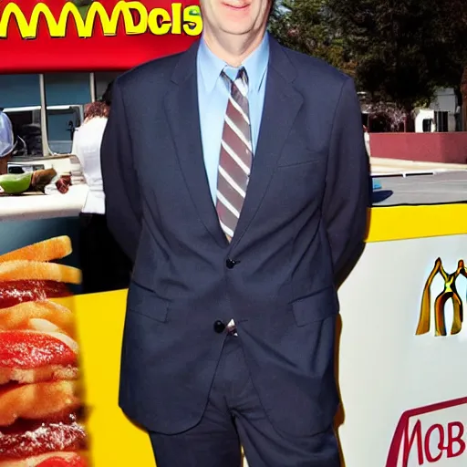 Prompt: Mcdonalds with Bob Odenkirk wearing McDonalds Uniform