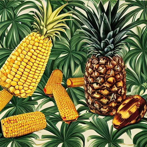 Image similar to pineapples, corn, and bananas in the jungle by kehinde wiley