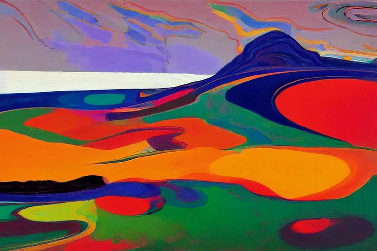 Image similar to A wild, insane, modernist landscape painting. Wild energy patterns rippling in all directions. Curves, organic. Saturated color. Mountains. Clouds. Rushing water. Wayne Thiebaud.