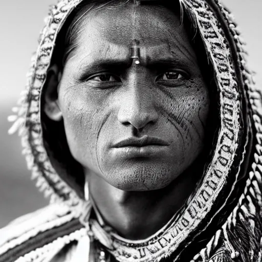 Prompt: portrait of navaho warrior in the 19th century, depth of field, zeiss lens, detailed, symmetrical, centered, fashion photoshoot, by Annie Leibovitz and Steve McCurry, David Lazar, Jimmy Nelsson, Breathtaking, 8k resolution, extremely detailed, beautiful, establishing shot, artistic, hyperrealistic, beautiful face, octane render