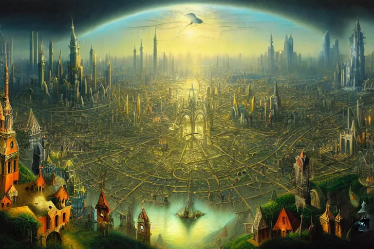 Prompt: a beautiful stunning insanely detailed fantasy matte painting of a magical mythical city buzzing with activity by Heironymous Bosch and Jim Burns