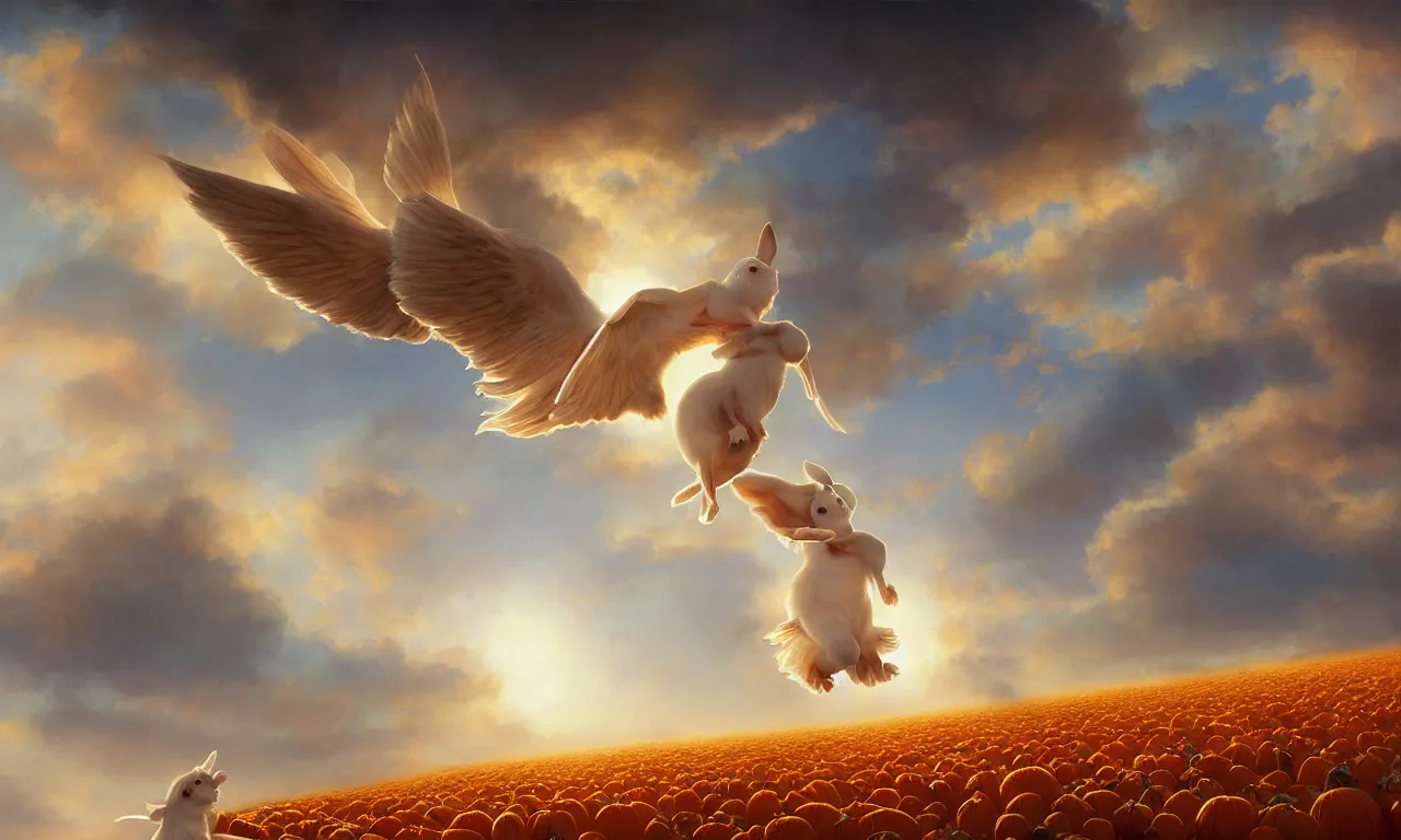 Image similar to a beautiful digital painting of a white rabbit flying in the clouds, birds in the sunlight, numerous golden pumpkins, blue sky at sunset, elegant, highly detailed, artstation, concept art, matte, sharp focus, art by tom bagshaw, kelogsloops and greg rutkowski