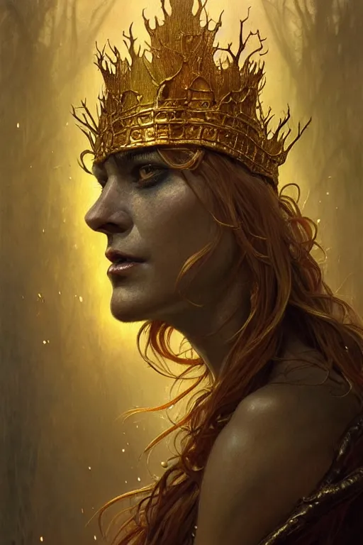 Image similar to Portrait of swamp monster with a golden crown on its head, D&D, face, fantasy, intricate, elegant, highly detailed, digital painting, artstation, concept art, smooth, sharp focus, illustration, art by artgerm and greg rutkowski and alphonse mucha