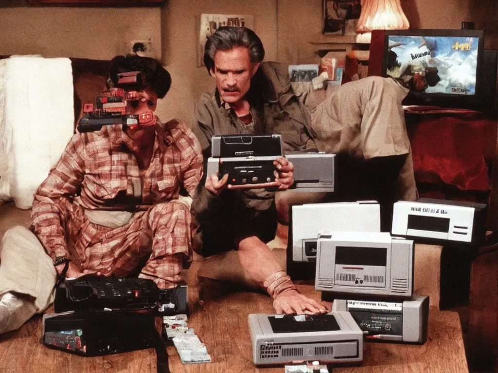 Image similar to bob from twin peaks with a nes video game console