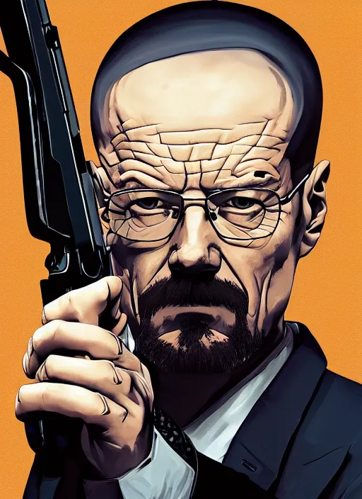 Image similar to a portrait of walter white holding a shotgun, digital painting masterpiece, advanced lighting technology, stylized yet realistic anatomy and face, gorgeous, by shigenori soejima and bastien vives and balak and michael sanlaville, 4 k wallpaper, cinematic, gorgeous brush strokes, coherent and smooth