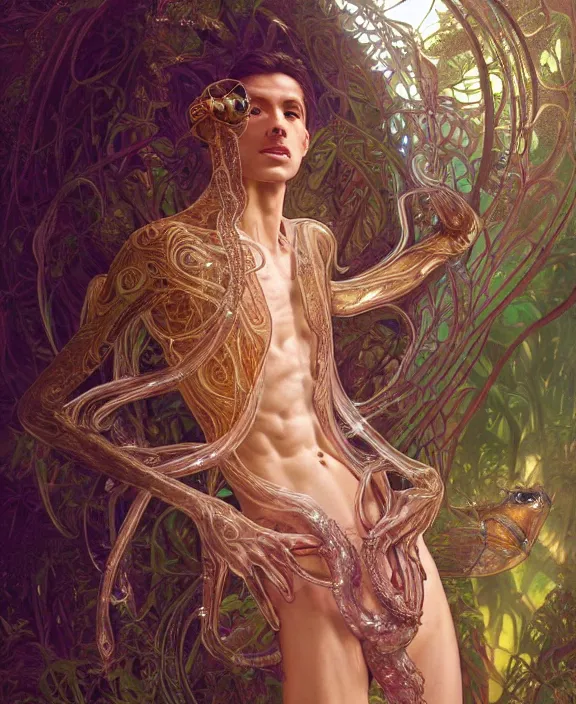 Prompt: intricate ornate opulent transparent clear see - through portrait of a stunning beautiful skinny male alien centipede, mottled coloring, adorable, childlike, overgrown jungle environment, ultra realistic, concept art, art nouveau, photorealistic, octane render, 8 k, unreal engine. art by christopher marley and artgerm and greg rutkowski and alphonse mucha