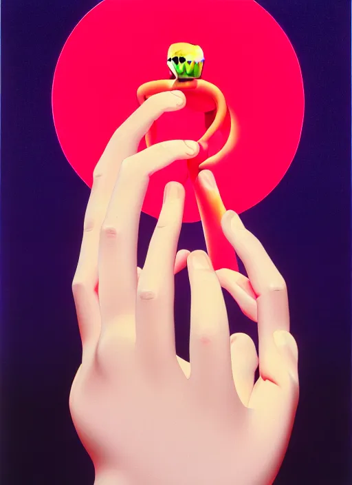 Prompt: a men balancing shapes on his finger by shusei nagaoka, kaws, david rudnick, airbrush on canvas, pastell colours, cell shaded!!!, 8 k