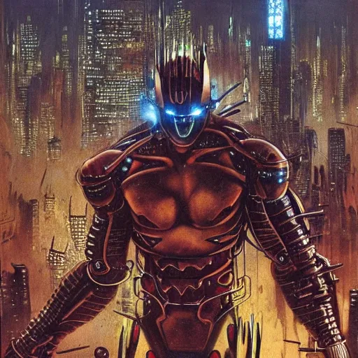 Image similar to robot cyborg wolverine in cyberpunk city, highly detailed beksinski superhero art