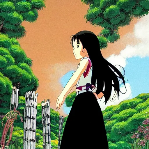 Image similar to beautiful mexican woman, black hair and brown eyes, studio ghibli, art by hayao miyazaki, makoto shinkai