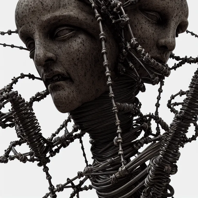 Image similar to dark biomechanical religious sculpture statue of Jesus on cross made of wires cables tubes, suffering, baroque painting, beautiful detailed intricate insanely detailed octane render, organic 8K artistic photography, photorealistic, chiaroscuro, Raphael, Caravaggio, Giger, Beksinski, black background, volumetric light