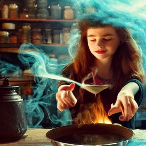 Image similar to teen witch mixing a spell in a cauldron, wispy smoke, studio lighting, a tabby cat watches her work, light is coming out of the cauldron, ingredients on the table, apothecary shelves in the background, still from the tv show just add magic
