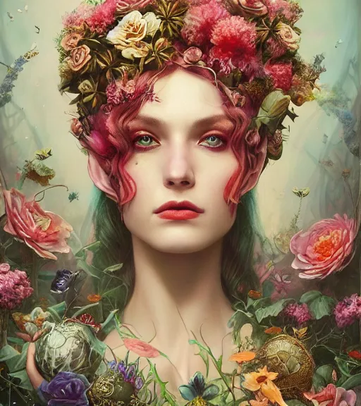 Image similar to portrait of the queen of the underworld, surrounded by flowers by karol bak, james jean, tom bagshaw, rococo, trending on artstation, cinematic lighting, hyper realism, octane render, 8 k, hyper detailed.