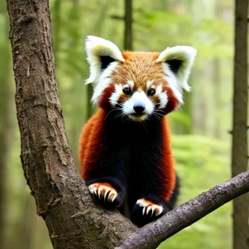 Image similar to photo of humanised red panda armored with golden helmet in the forest