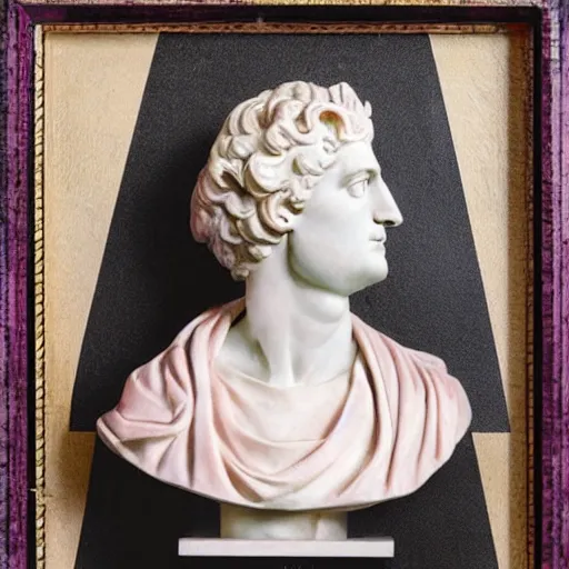 Image similar to a greco - roman marble bust sits on a pink and black checkerboard tile floor, a pink wall in the background with a framed photo of a cityscape at night
