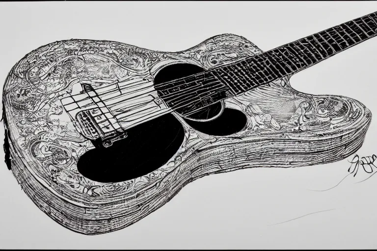 Prompt: technical drawing of a guitar, black ink on textured paper, high detail, sketch, intricate, art by Joe Fenton and syd mead