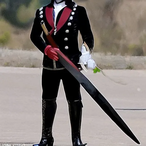 Image similar to full body photo of elon musk in the shape of a musketeer, he has a big black hat and holds a shiny sword