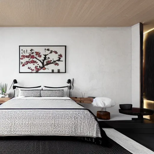 Image similar to bedroom, stone, interior design, stylish luxury hotel bedroom design, yakisugi, black vertical slatted timber, textures, feminine, black walls, art, Japanese pottery vase with flowers, kakejiku, seasonal, Japanese influences