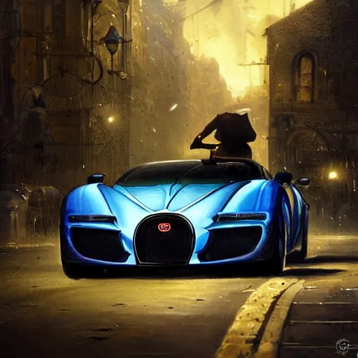 Image similar to inspector gadget riding a bugatti in the night, ultra realistic, concept art, intricate details, highly detailed, by greg rutkowski, wlop, simon bisley