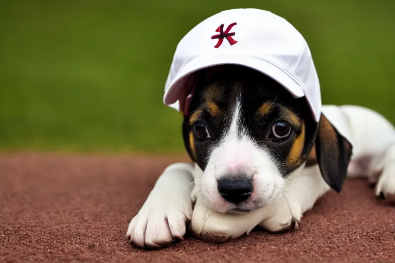 Prompt: puppy with a cool baseball cap, 4k