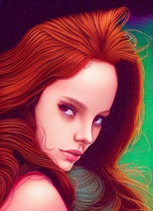 Image similar to full body portrait of teenage cheryl blossom, bangs, green eyes, mischievous expression, red hair, sultry smirk, bangs and wavy hair, 1 9 8 0 s, intricate, elegant, glowing lights, highly detailed, digital painting, artstation, concept art, smooth, sharp focus, illustration, art by wlop, mars ravelo and greg rutkowski