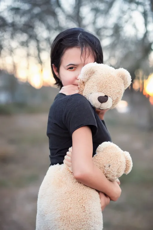 Image similar to canon, 30mm, bokeh, girl holding a teddy bear, snuggly, black hair, sunset, contrejour