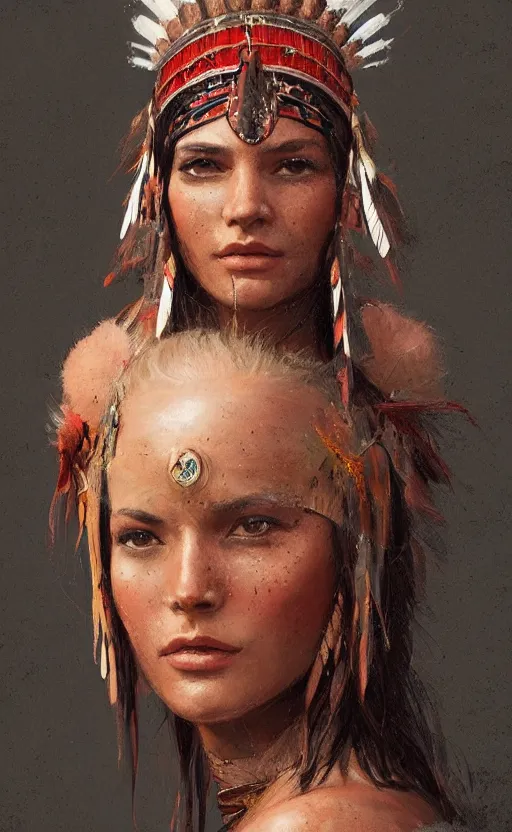 Image similar to gorgeous redskin woman wearing headdress, intricate, elegant, highly detailed, artstation, concept art, smooth, sharp focus, illustration, art by stefan kostic and greg rutkowski