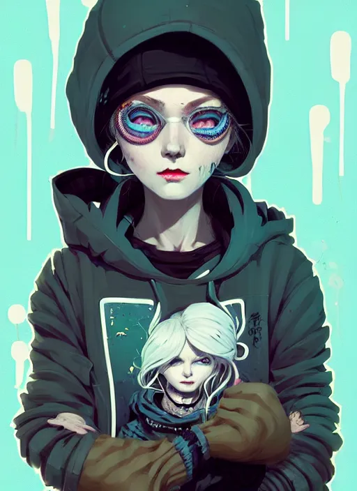 Prompt: highly detailed portrait of a sewer punk lady student, blue eyes, patchwork hoodie, white hair by atey ghailan, by greg rutkowski, by greg tocchini, by james gilleard, by joe fenton, by kaethe butcher, gradient blue, black, brown and cyan color scheme, grunge aesthetic!!! ( ( graffiti tag wall background ) )