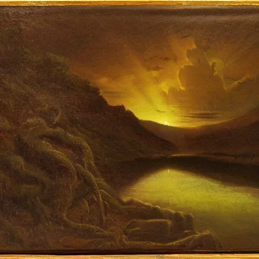 Prompt: landscape in the style of hudson river school of art, h. r. giger