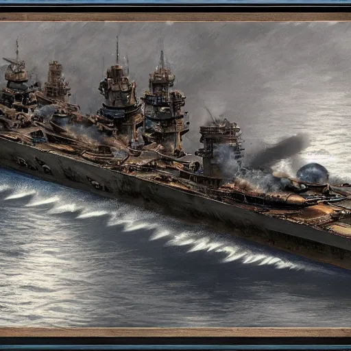 Prompt: battleship kongo close to military port, symmetrical mechanical features, cannons turrets, imperial japanase navy, hyper realistic, 4 k, rule of thirds, extreme detail, detailed drawing, trending artstation, hd, world world 2, d & d, realistic lighting, by alphonse mucha, greg rutkowski, sharp focus, backlit