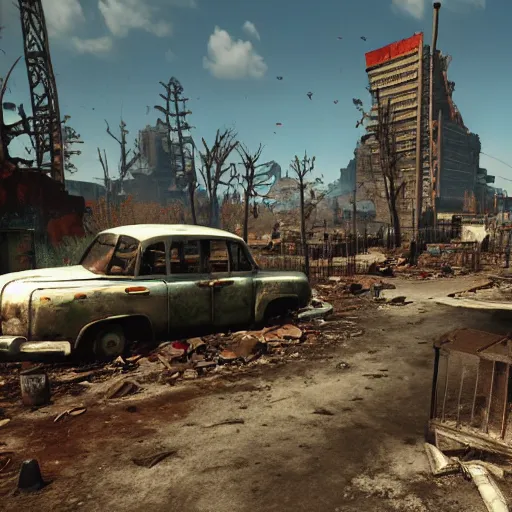 Prompt: Mexico City in ruins post-nuclear war in Fallout 4, in game screenshot