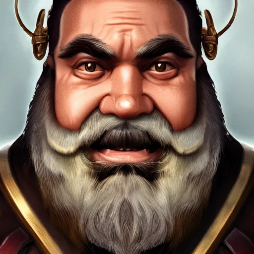 Prompt: portrait, 40 years old man :: fantasy dwarf, thin :: beard, brown eyes, short pure white hair :: full plate armor, golden emblems :: high detail, digital art, RPG, concept art, illustration